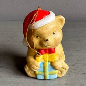 Vintage Teddy Bear Santa Hat w/ Present Ornament 3" Christmas Holiday